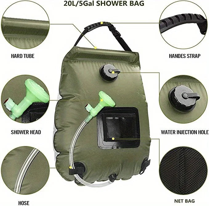 5-Gallon Solar Camping Shower Bag – Portable Heated Outdoor Shower for Travel & Hiking - AureliaAdventure