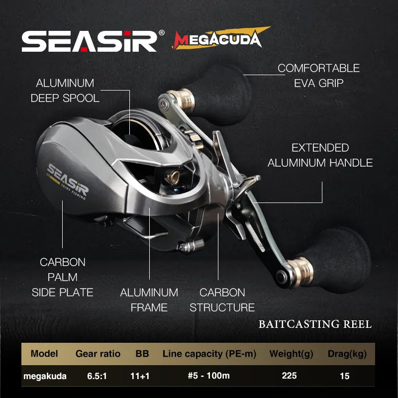 Seasir Megacuda Baitcasting Reel – 15kg Drag, 6.5:1 Gear Ratio, Jigging & Saltwater Ready - AureliaAdventure