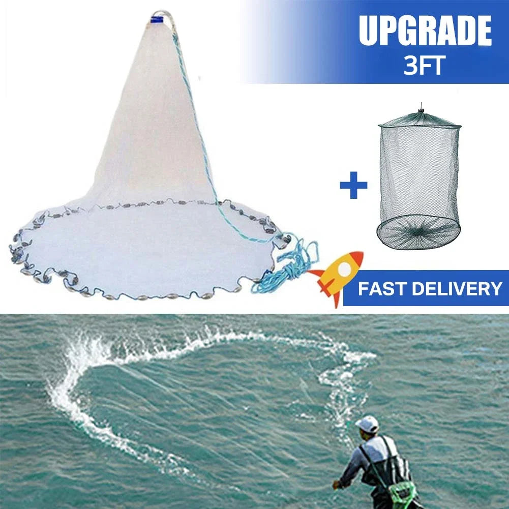 American Saltwater Cast Net – 3ft to 10ft Radius with Heavy-Duty Zinc Sinkers for Bait Fishing - AureliaAdventure