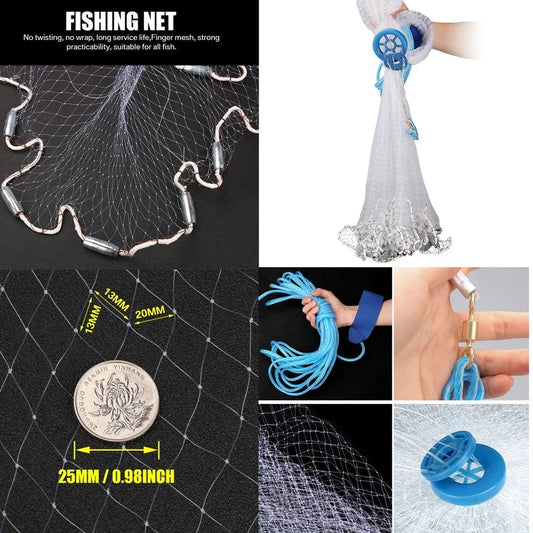 American Saltwater Cast Net – 3ft to 10ft Radius with Heavy-Duty Zinc Sinkers for Bait Fishing - AureliaAdventure