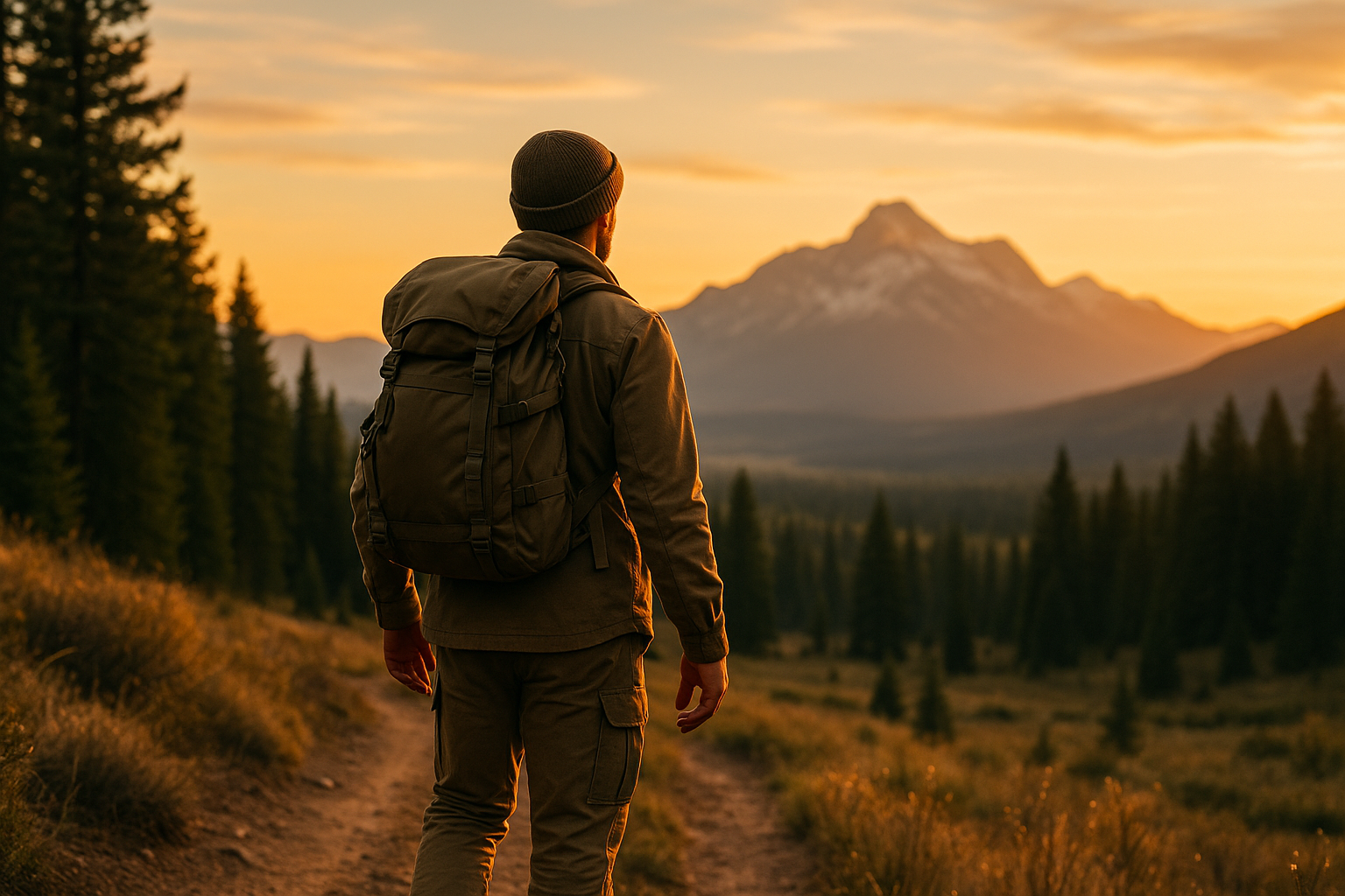 Person with a backpack standing on a trail looking at a mountain at sunset.