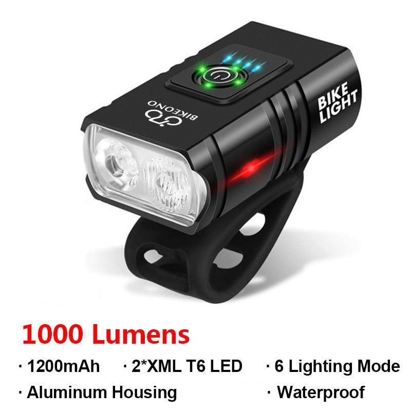 1000LM Bike Headlight T6 Bicycle Flashlight LED USB Rechargeable Torch Aluminum Alloy Cycling High Beam Low Accessories - AureliaAdventure